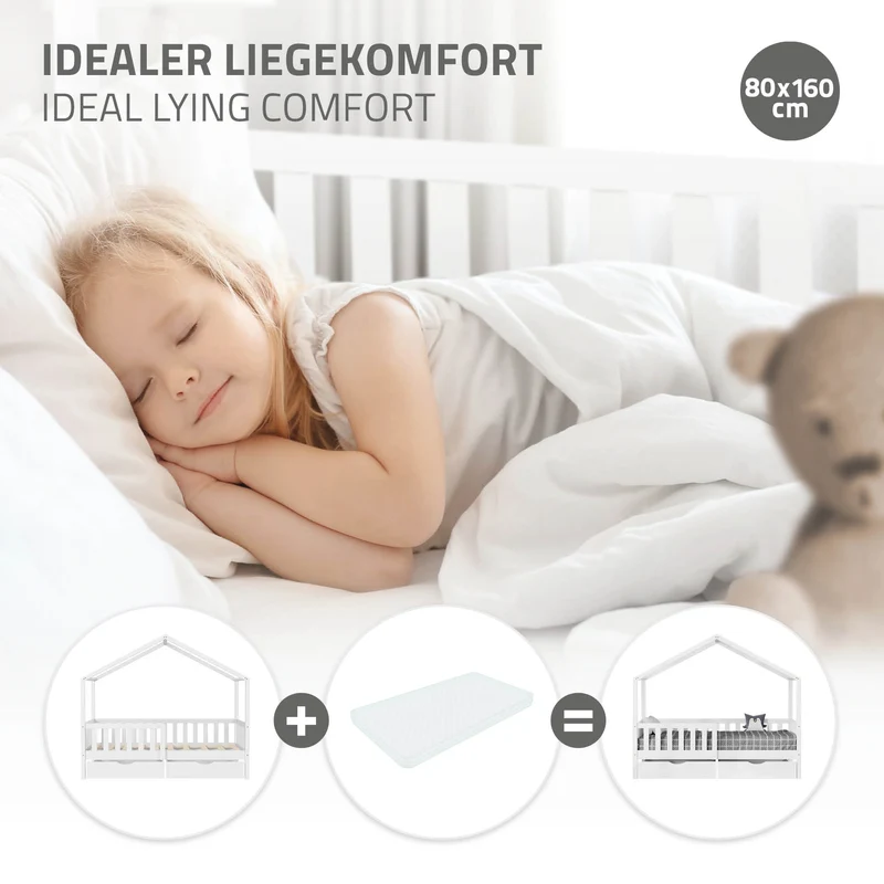 Kinderbett Hausbett mit 2 Schubkasten 80x160 cm Weiß aus Kiefernholz mit Rausfallschutz und Lattenrost ML-Design