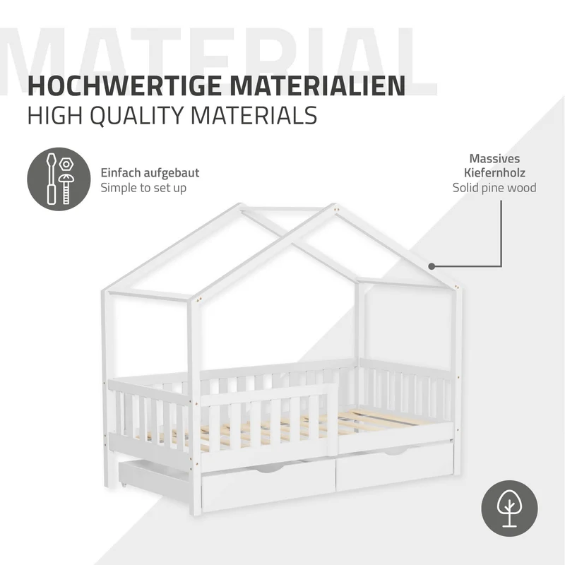Kinderbett Hausbett mit 2 Schubkasten 80x160 cm Weiß aus Kiefernholz mit Rausfallschutz und Lattenrost ML-Design