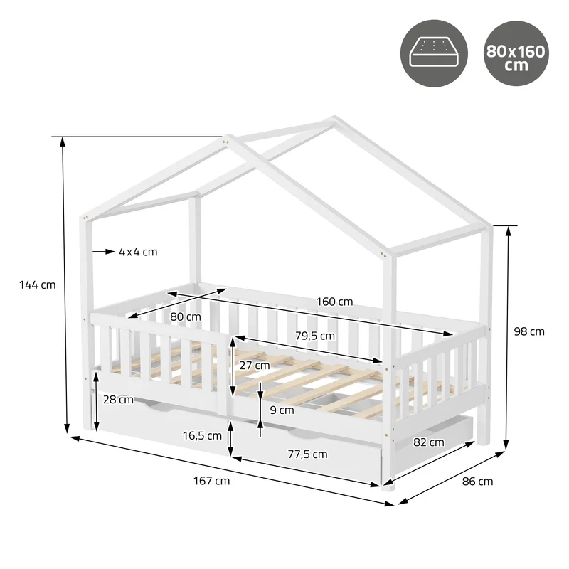 Kinderbett Hausbett mit 2 Schubkasten 80x160 cm Weiß aus Kiefernholz mit Rausfallschutz und Lattenrost ML-Design