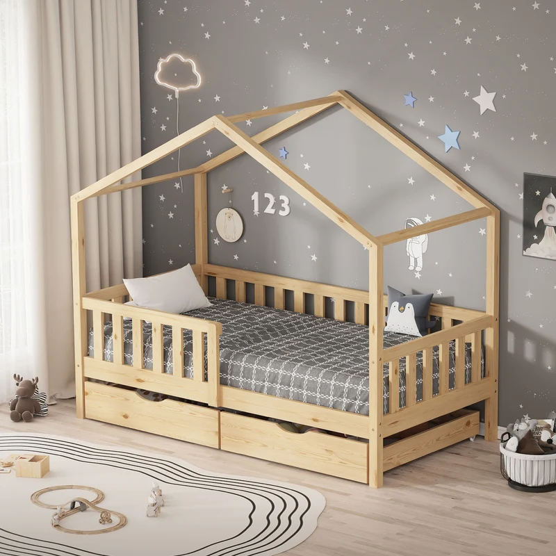 Kinderbett Hausbett mit 2 Schubkasten 80x160 cm Natur aus Kiefernholz mit Rausfallschutz und Lattenrost ML-Design