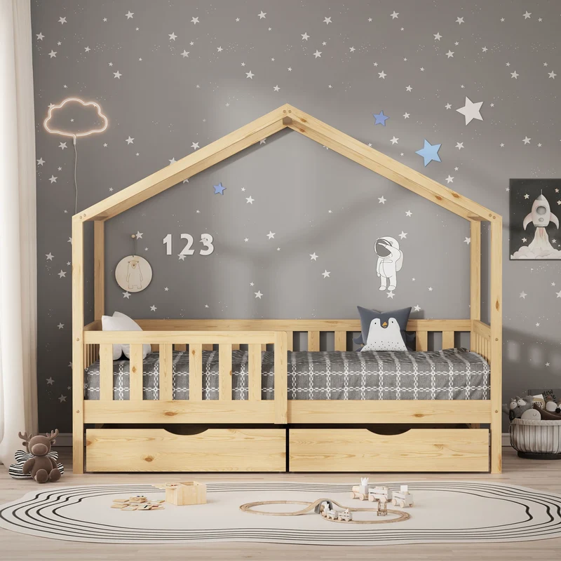 Kinderbett Hausbett mit 2 Schubkasten 80x160 cm Natur aus Kiefernholz mit Rausfallschutz und Lattenrost ML-Design