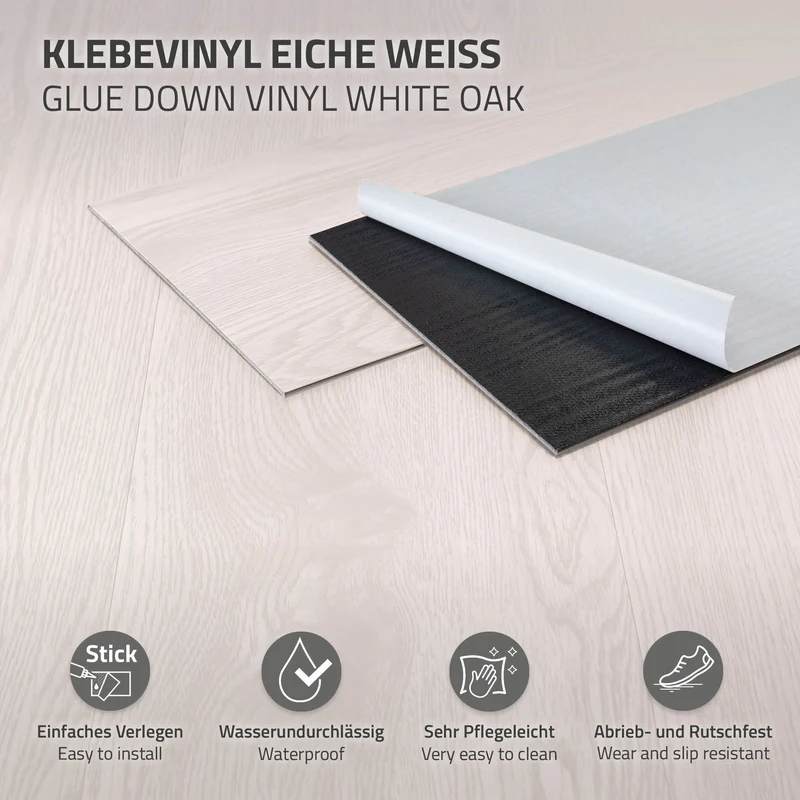 5x Deluxe PVC Klebevinylboden für 2,23 m² Weiß Eiche 2 mm dick ML-Design