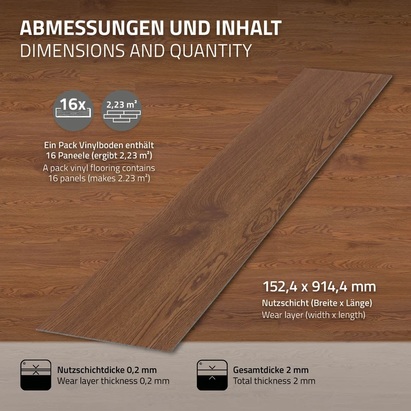 4x Deluxe PVC Klebevinylboden für 2,23 m² Roteiche Braun 2 mm dick ML-Design