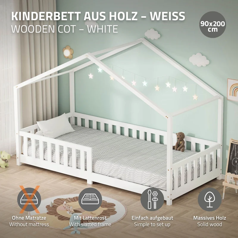 Kinderbett Hausbett 90x200 cm Weiß aus Kiefernholz Holzbett mit Rausfallschutz und Lattenrost ML-Design