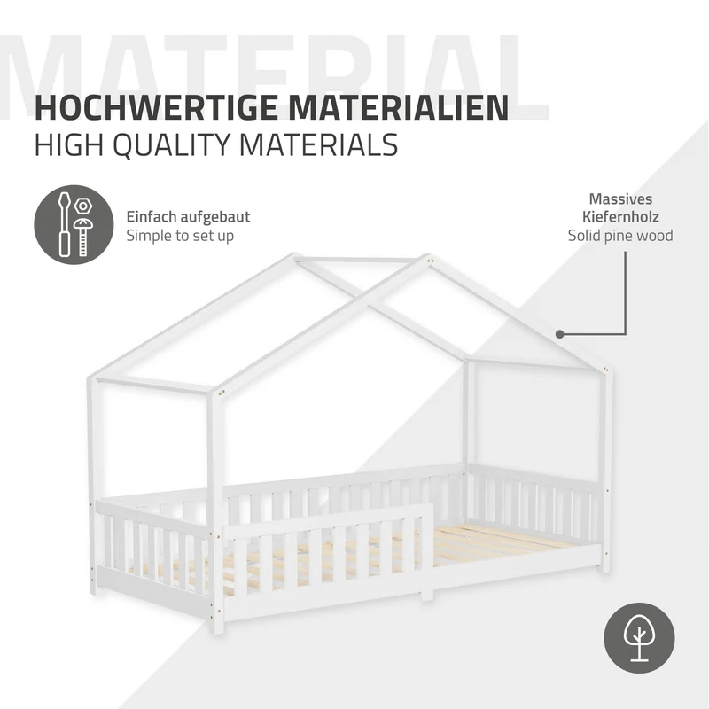 Kinderbett Hausbett 90x200 cm Weiß aus Kiefernholz Holzbett mit Rausfallschutz und Lattenrost ML-Design