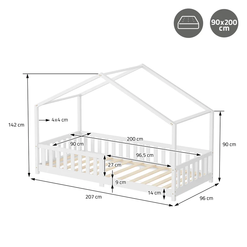 Kinderbett Hausbett 90x200 cm Weiß aus Kiefernholz Holzbett mit Rausfallschutz und Lattenrost ML-Design