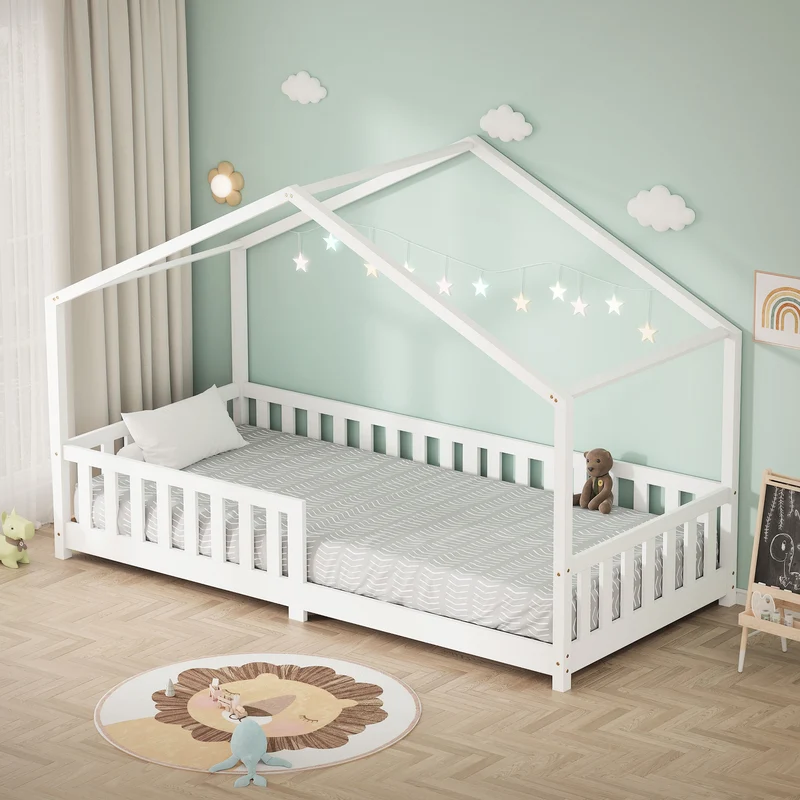 Kinderbett Hausbett 90x200 cm Weiß aus Kiefernholz Holzbett mit Rausfallschutz und Lattenrost ML-Design