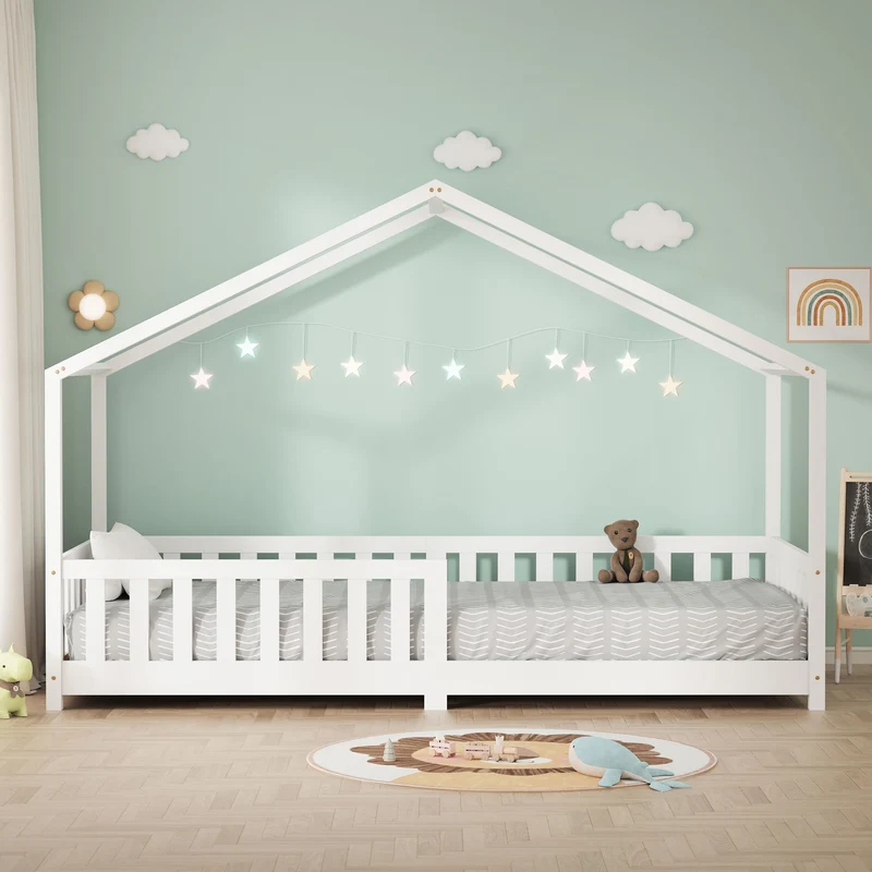 Kinderbett Hausbett 90x200 cm Weiß aus Kiefernholz Holzbett mit Rausfallschutz und Lattenrost ML-Design