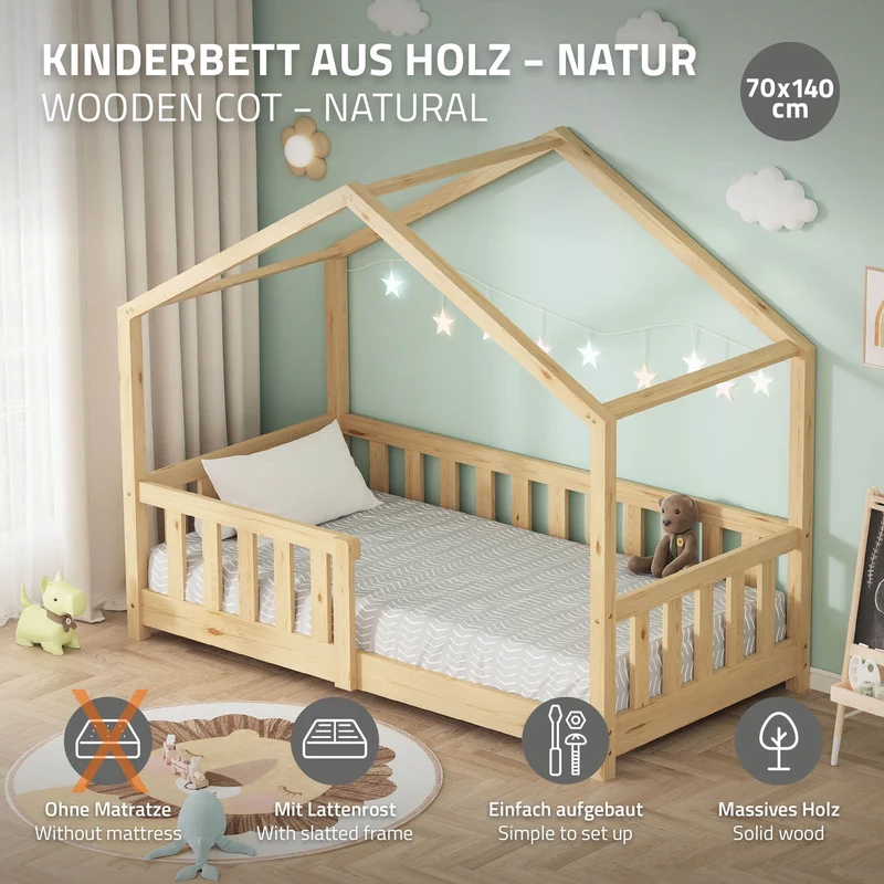 Kinderbett Hausbett 70x140 cm Natur aus Kiefernholz Holzbett mit Rausfallschutz und Lattenrost ML-Design