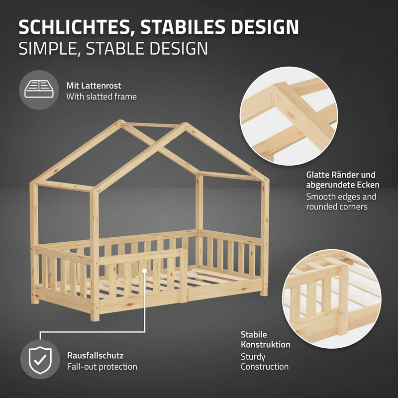 Kinderbett Hausbett 70x140 cm Natur aus Kiefernholz Holzbett mit Rausfallschutz und Lattenrost ML-Design