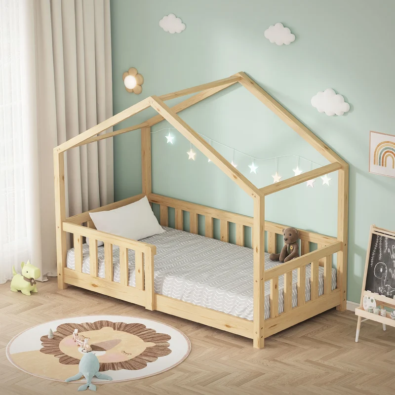 Kinderbett Hausbett 70x140 cm Natur aus Kiefernholz Holzbett mit Rausfallschutz und Lattenrost ML-Design