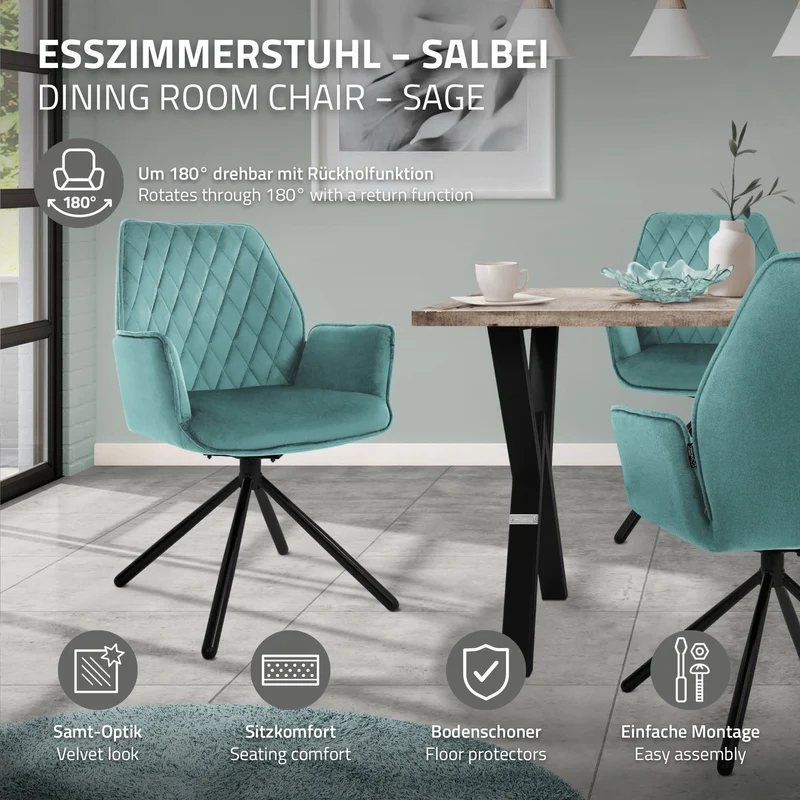 Esszimmerstuhl drehbar mit Rücken- und Armlehnen Salbei Küchenstuhl mit Microfaser-Samtbezug ML-Design