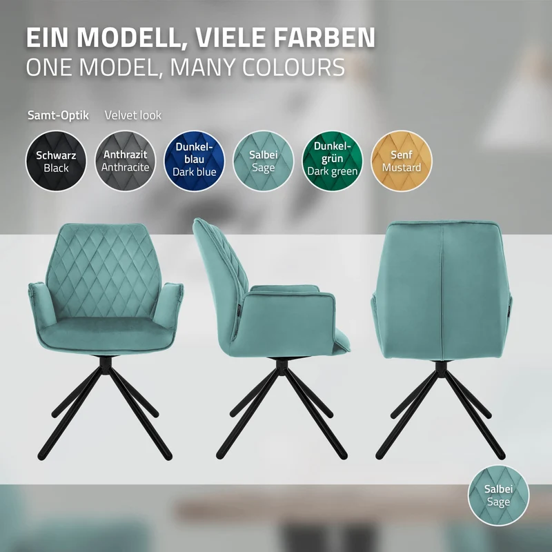 Esszimmerstuhl drehbar mit Rücken- und Armlehnen Salbei Küchenstuhl mit Microfaser-Samtbezug ML-Design