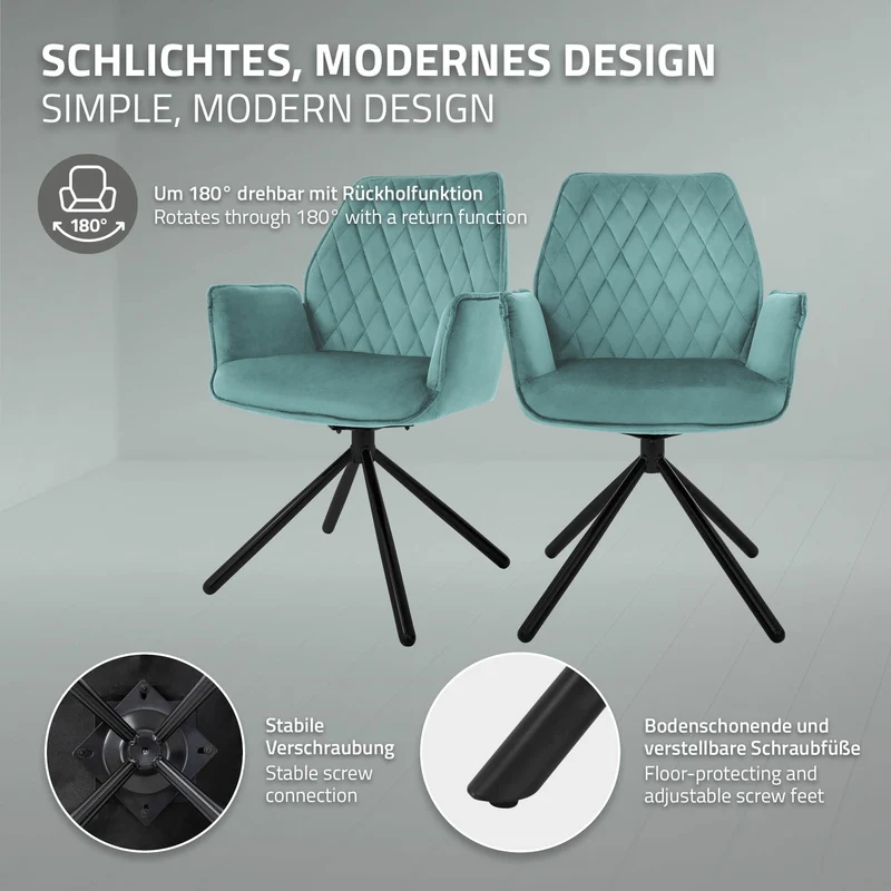 Esszimmerstuhl 2er Set drehbar mit Rücken- und Armlehnen Salbei Küchenstuhl mit Microfaser-Samtbezug ML-Design