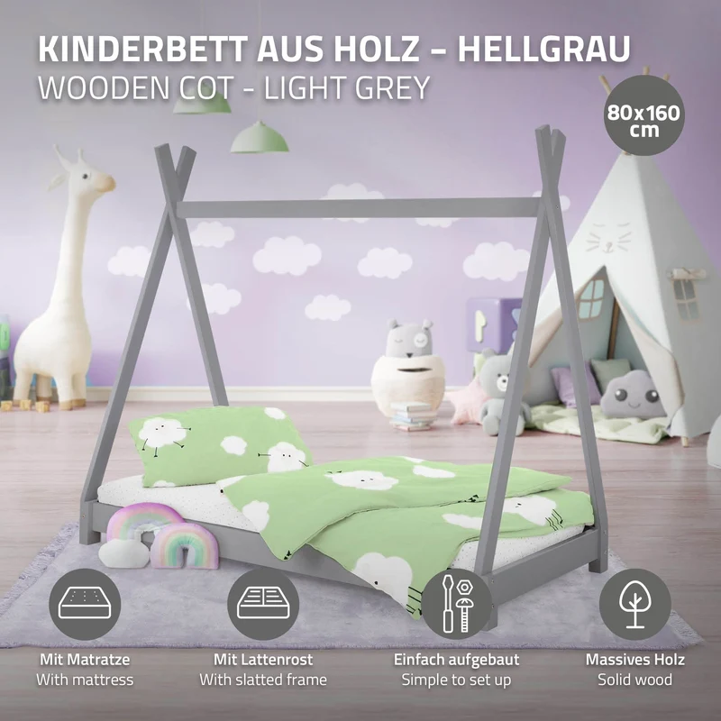 Kinderbett Tipi 80x160 cm Hellgrau aus Kiefernholz inkl. Matratze H-10cm Holzbett mit Lattenrost ML-Design