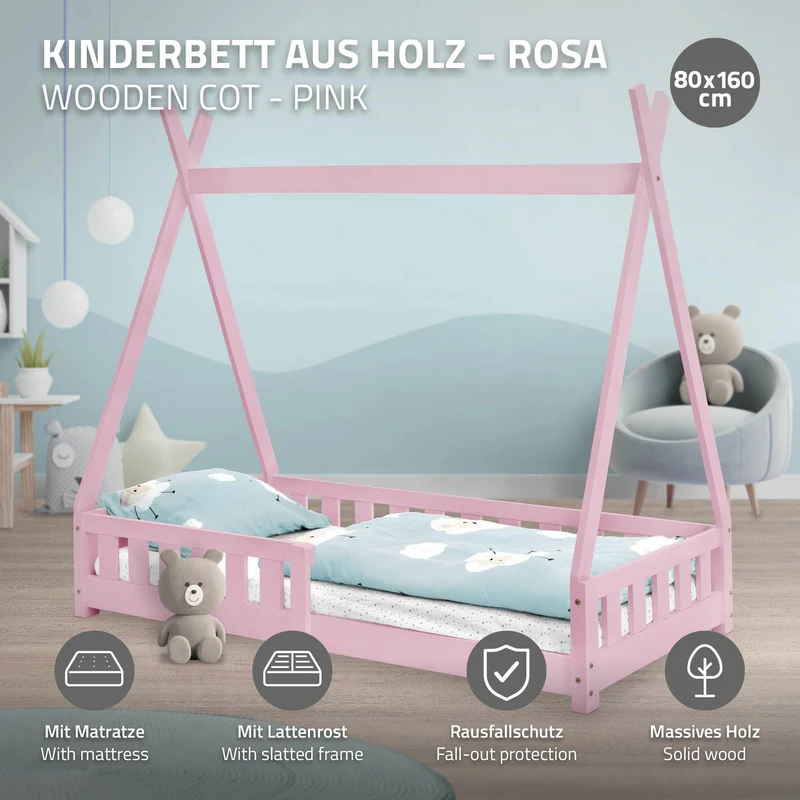 Kinderbett Tipi 80x160 cm Rosa aus Kiefernholz inkl. Matratze H-10cm Rausfallschutz und Lattenrost ML-Design