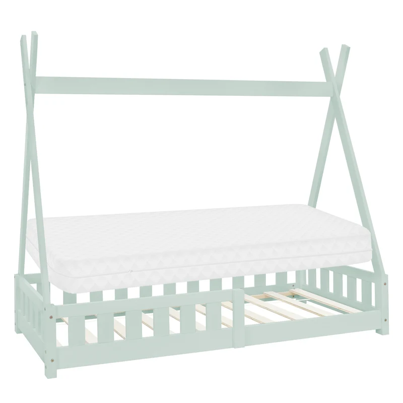 Kinderbett Tipi aus Kiefernholz mit Lattenrost, Rausfallschutz & Wahlweise Matratze ML-Design