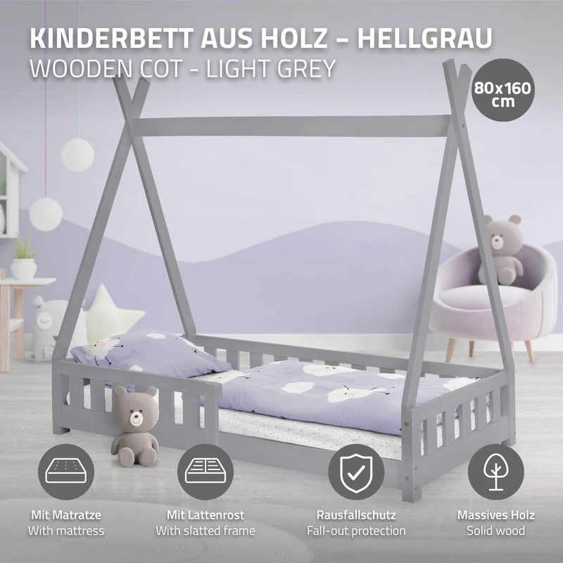 Kinderbett Tipi 80x160 cm Hellgrau aus Kiefernholz inkl. Matratze H-10cm Rausfallschutz und Lattenrost ML-Design
