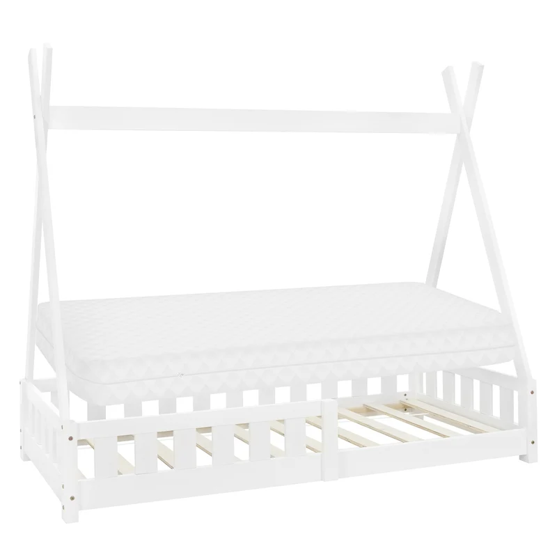 Kinderbett Tipi aus Kiefernholz mit Lattenrost, Rausfallschutz & Wahlweise Matratze ML-Design