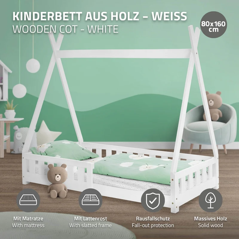 Kinderbett Tipi 80x160 cm Weiß aus Kiefernholz inkl. Matratze H-10cm Rausfallschutz und Lattenrost ML-Design