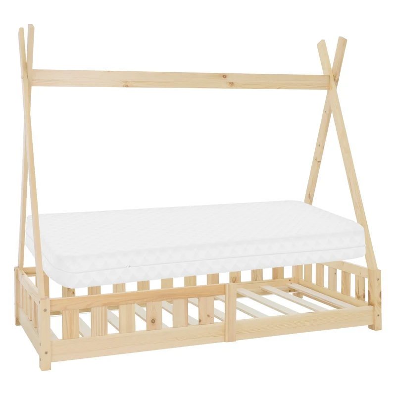 Kinderbett Tipi aus Kiefernholz mit Lattenrost, Rausfallschutz & Wahlweise Matratze ML-Design