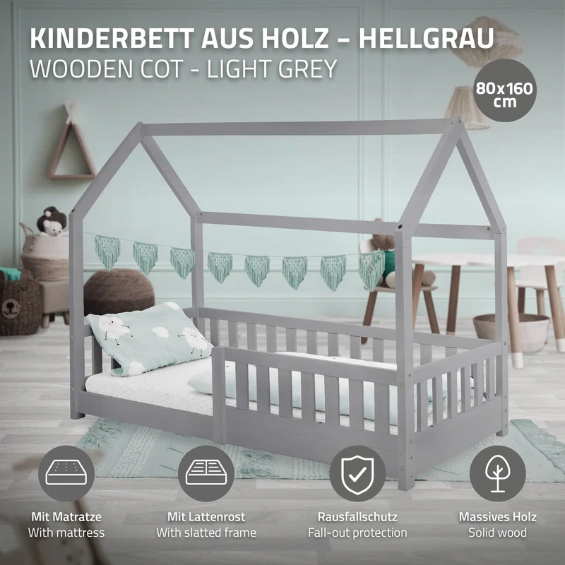 Kinderbett Hausbett 80x160 cm Hellgrau aus Kiefernholz inkl. Matratze H-10cm Rausfallschutz Dach und Lattenrost ML-Design