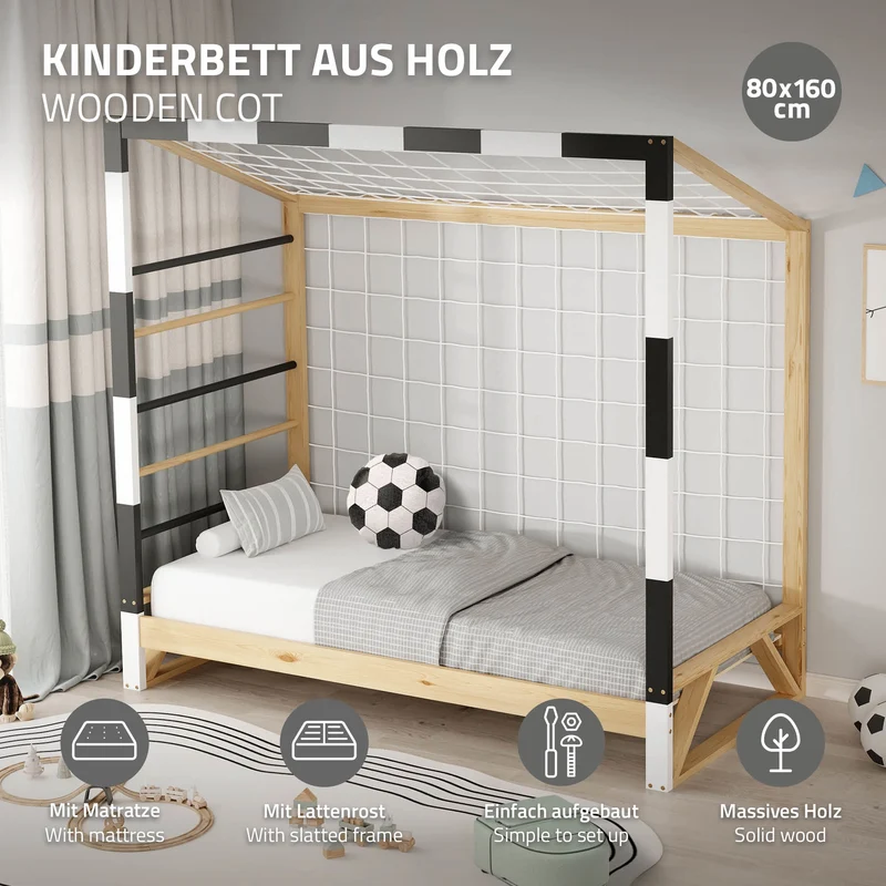 ML-Design | Kinderbett Fußballtor mit Matratze H:10cm, 80x160 cm aus massivem Kiefernholz Holzbett mit Lattenrost & Tornetz Handballtor