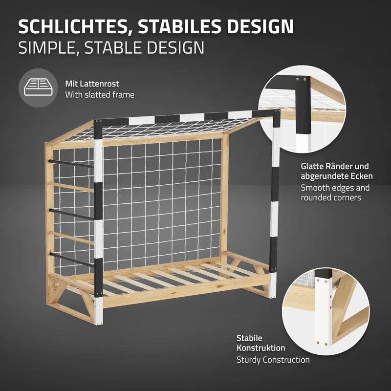 ML-Design | Kinderbett Fußballtor mit Matratze H:10cm, 80x160 cm aus massivem Kiefernholz Holzbett mit Lattenrost & Tornetz Handballtor
