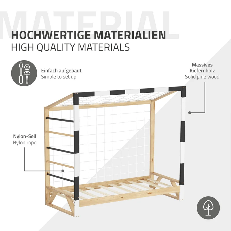 ML-Design | Kinderbett Fußballtor mit Matratze H:10cm, 80x160 cm aus massivem Kiefernholz Holzbett mit Lattenrost & Tornetz Handballtor