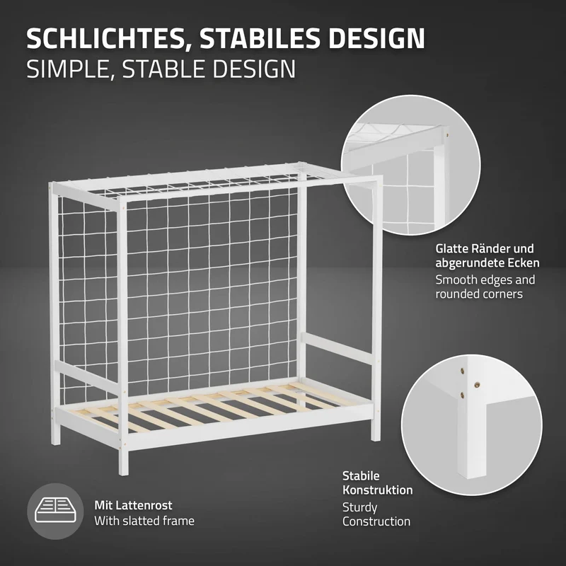 Kinderbett Fußballtor 80x160 cm Weiß aus Kiefernholz mit Matratze H-10cm Handballtor mit Lattenrost & Tornetz ML-Design