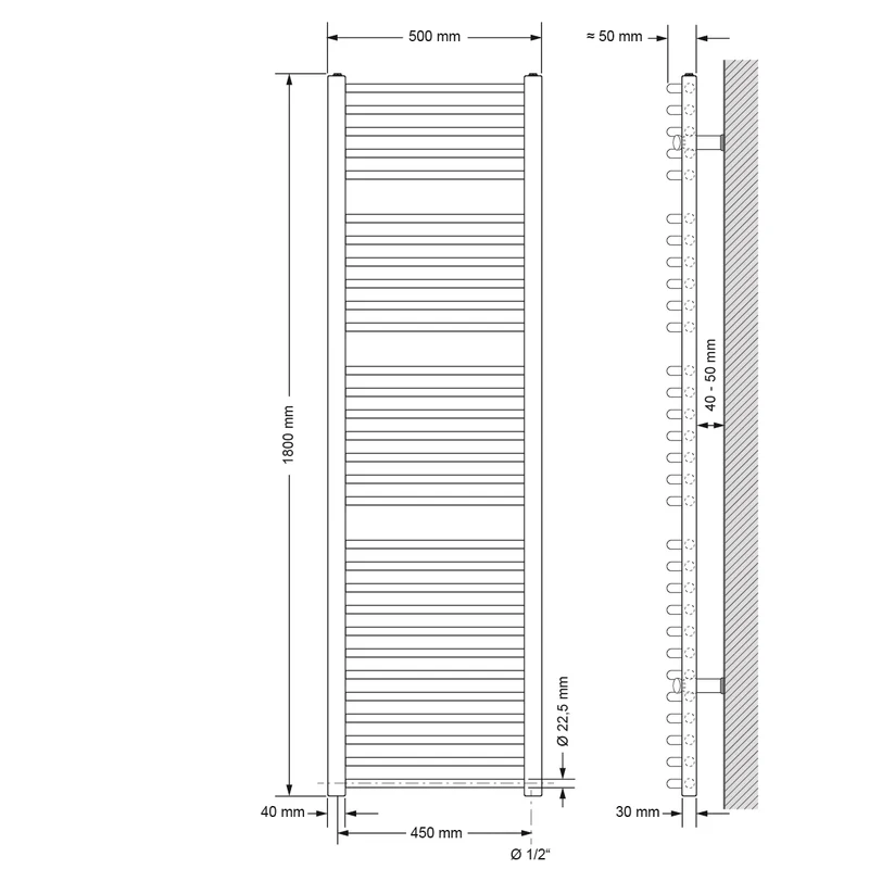 Elektrischer Badheizkörper mit Heizstab 1200W 500x1800 mm Schwarz matt gebogen Seitenanschluss & Thermostat Digitalanzeige LuxeBath