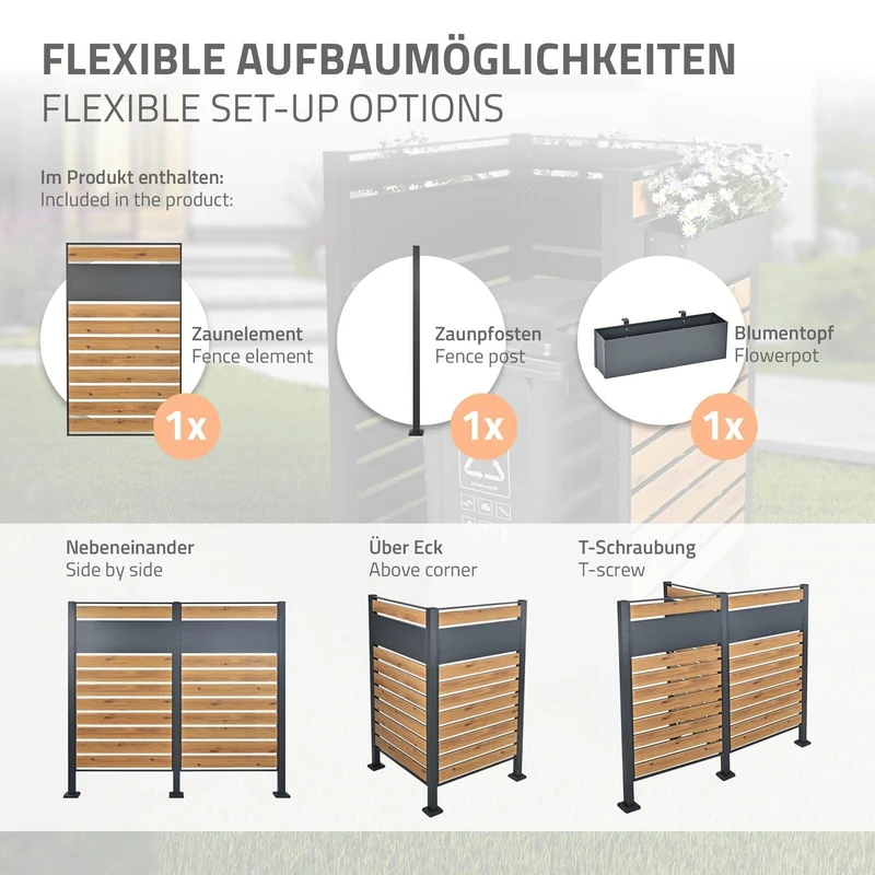 Mülltonnenzaun 150 cm lang Anthrazit/Holzoptik aus Stahl inkl. Blumenkasten