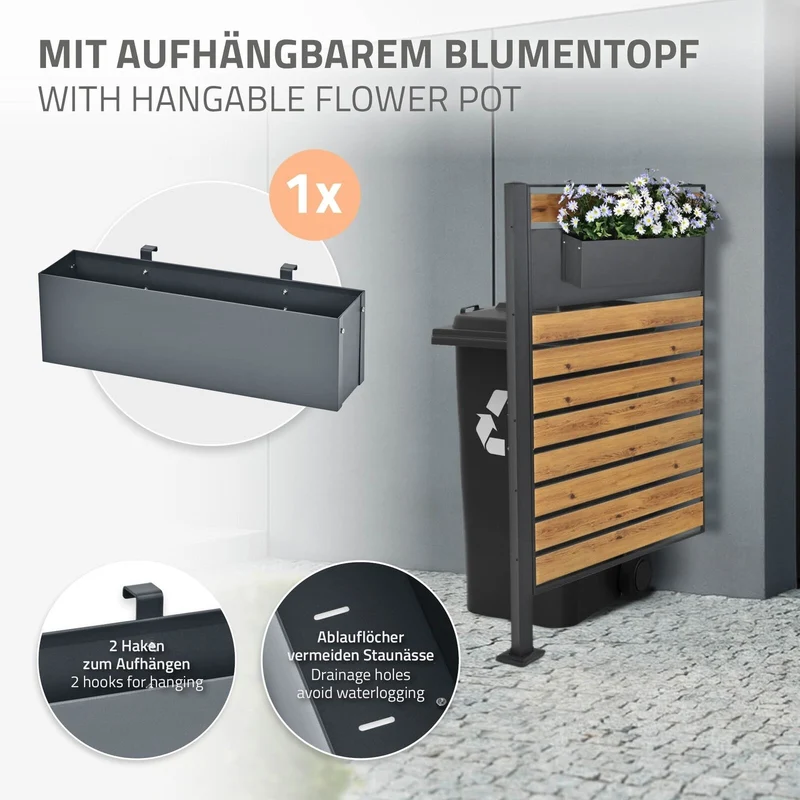 Mülltonnenzaun 150 cm lang Anthrazit/Holzoptik aus Stahl inkl. Blumenkasten