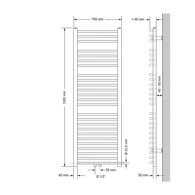 Badheizkörper Sahara 750x1500 mm Schwarz matt gebogen mit Mittelanschluss LuxeBath
