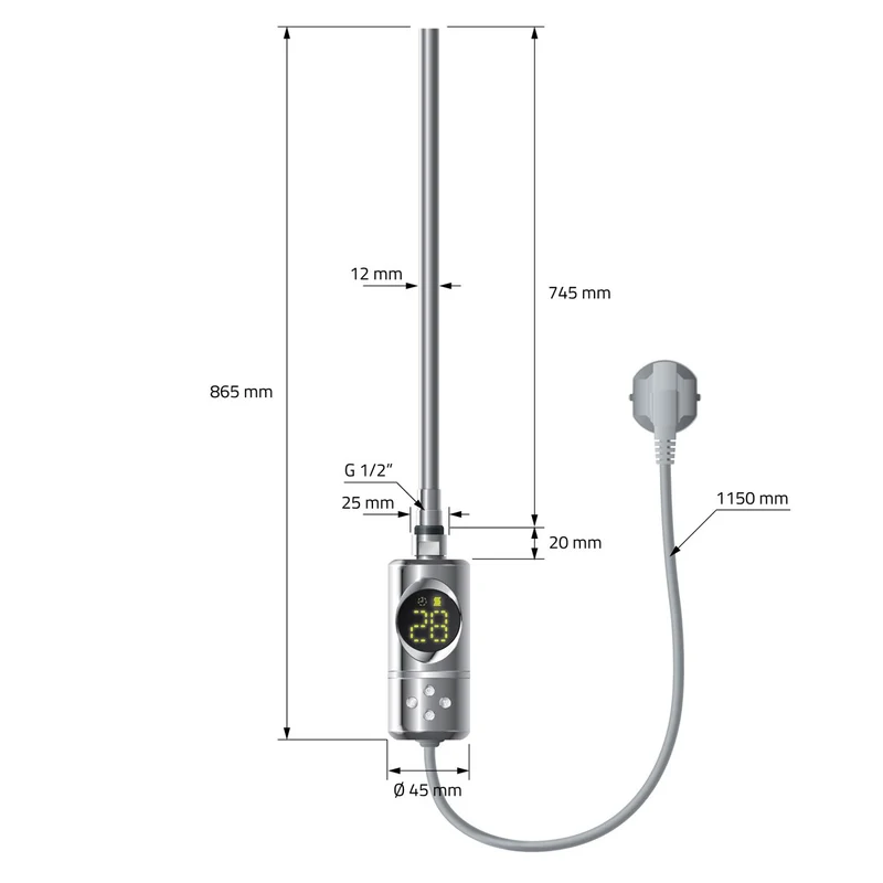 Elektrischer Badheizkörper mit Heizstab 900W 600x1800 mm Chrome gebogen mit Seitenanschluss LuxeBath