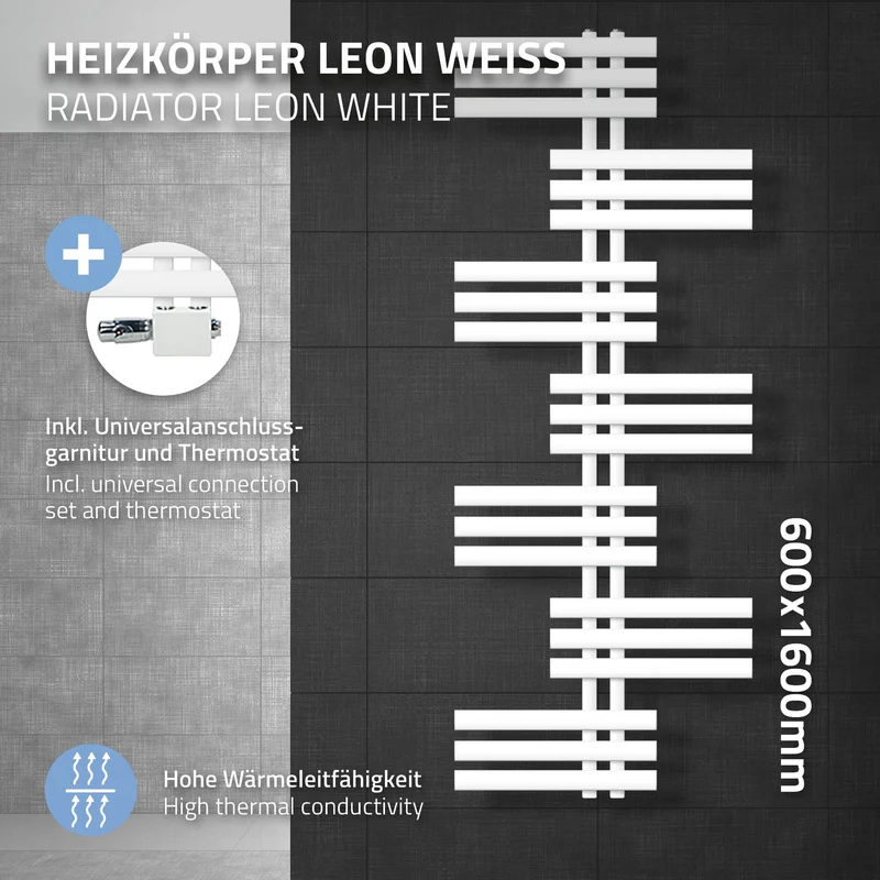 Badheizkörper Leon 600x1600 mm Weiß mit Universale Anschlussgarnitur