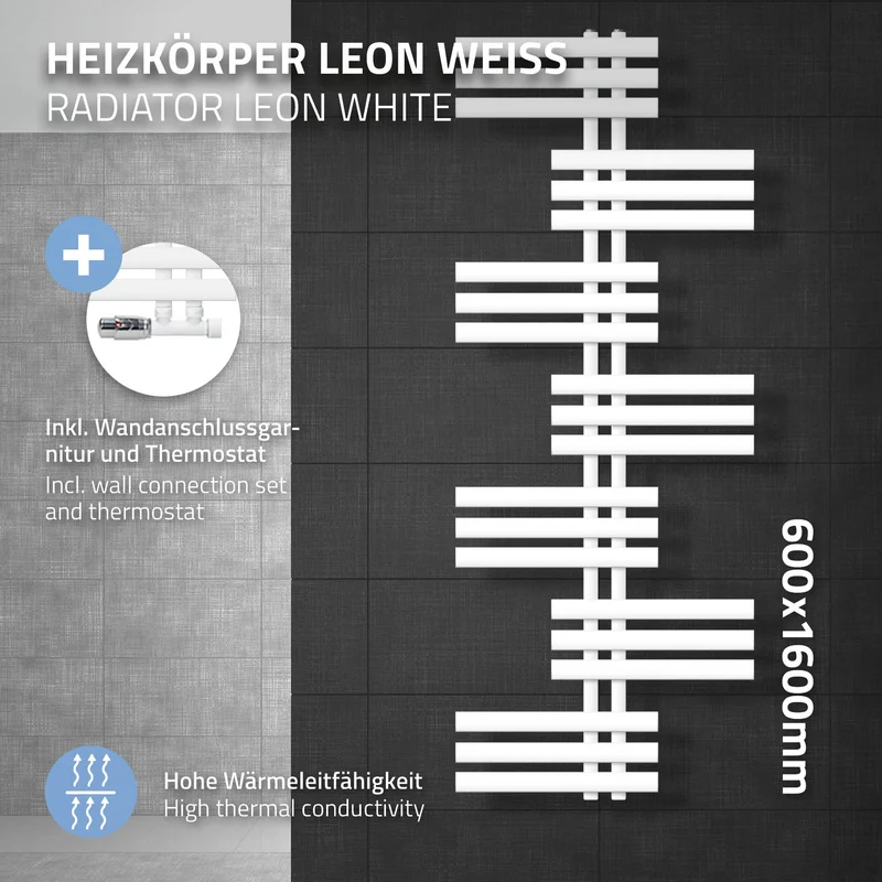 Badheizkörper Leon 600x1600 mm Weiß mit Wand Anschlussgarnitur