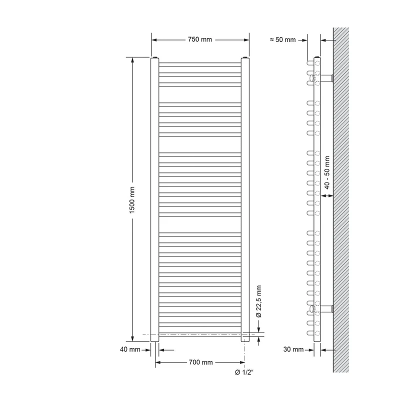 Badheizkörper Sahara mit Heizstab 900W 750x1500 mm Weiß gebogen mit Seitenanschluss