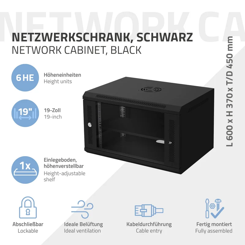 ECD Germany | Netzwerkschrank mit abschließbarer Sicherheitsglastür, von 6 bis 18 HE, 19 Zoll, Traglast 60 kg, voll montiert, Server Gehäuse
