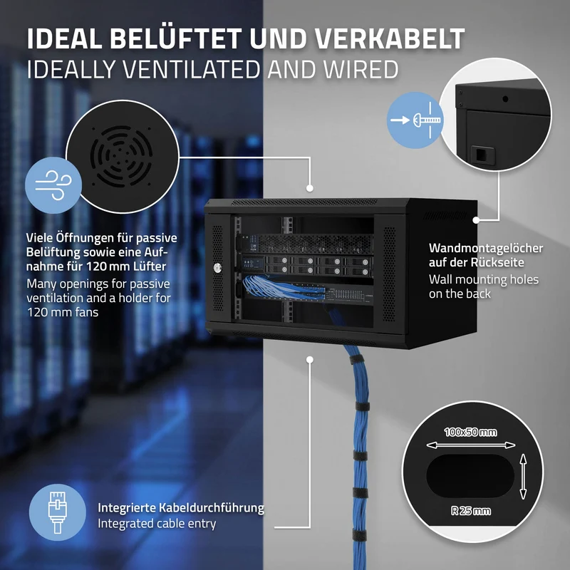 ECD Germany | Netzwerkschrank mit abschließbarer Sicherheitsglastür, von 6 bis 18 HE, 19 Zoll, Traglast 60 kg, voll montiert, Server Gehäuse