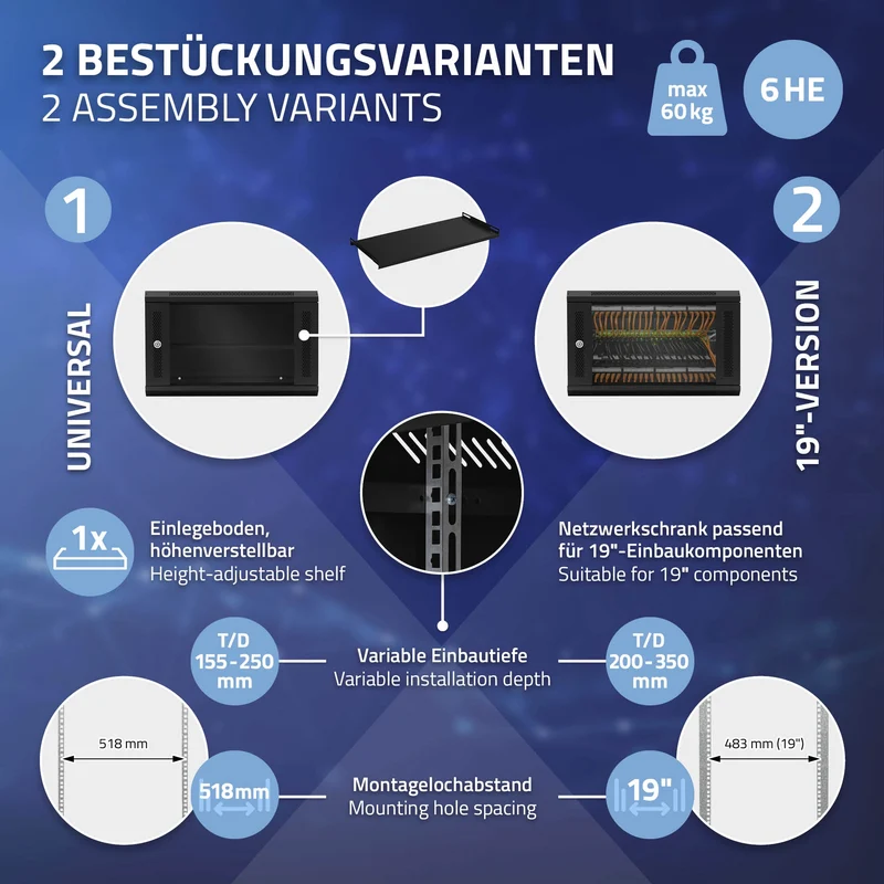 ECD Germany | Netzwerkschrank mit abschließbarer Sicherheitsglastür, von 6 bis 18 HE, 19 Zoll, Traglast 60 kg, voll montiert, Server Gehäuse