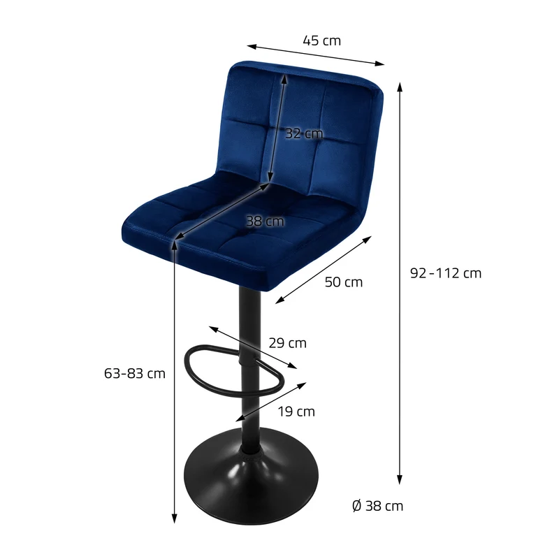 4er Set Barhocker Blau Samtbezug mit Rückenlehne und Fußstütze höhenverstellbar 63-83cm ML-Design