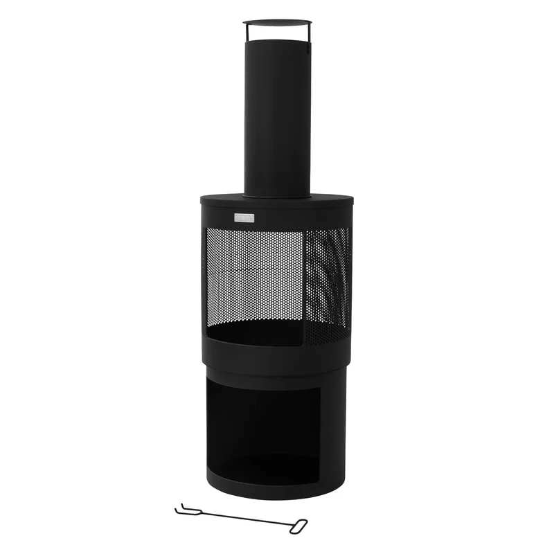 Gartenkamin mit Schornstein 131x45 cm rund Schwarz Stahl Outdoor Terrassenofen mit Schürhaken abnehmbarem Dach ML-Design