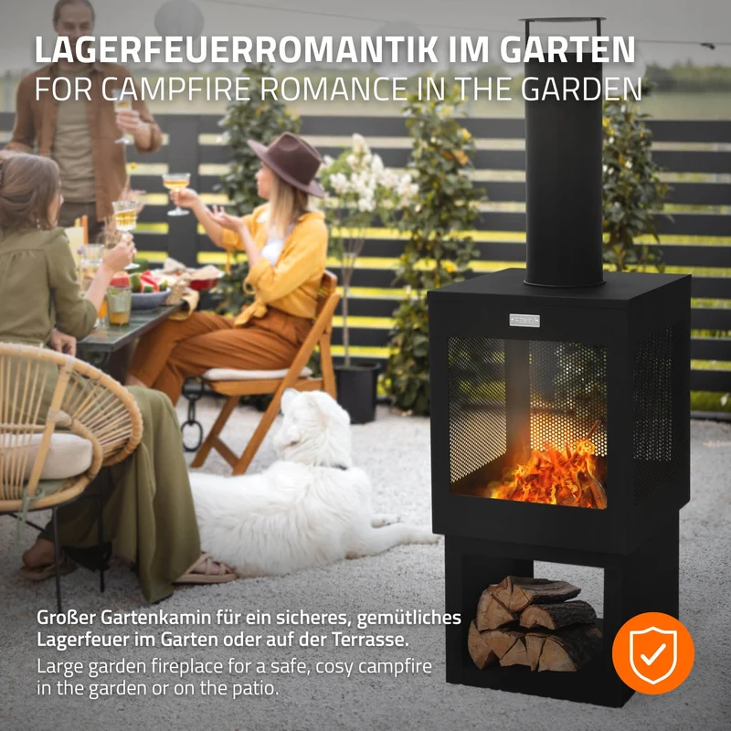 ML-Design | Gartenkamin mit Schornstein eckig / rund aus Stahl, Schwarz, Outdoor Terrassenofen mit Schürhaken abnehmbarem Dach