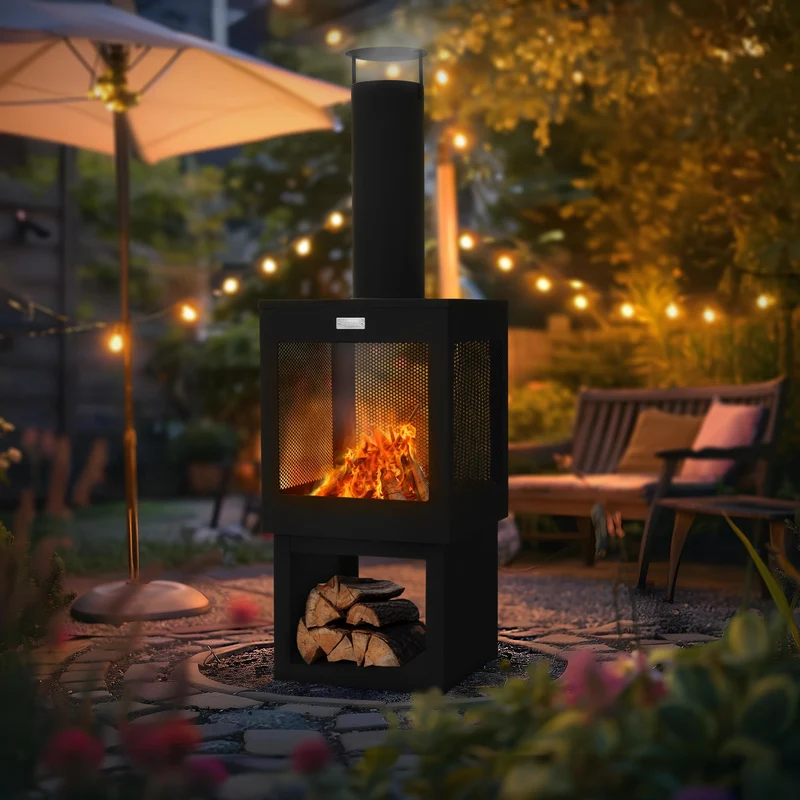 ML-Design | Gartenkamin mit Schornstein eckig / rund aus Stahl, Schwarz, Outdoor Terrassenofen mit Schürhaken abnehmbarem Dach