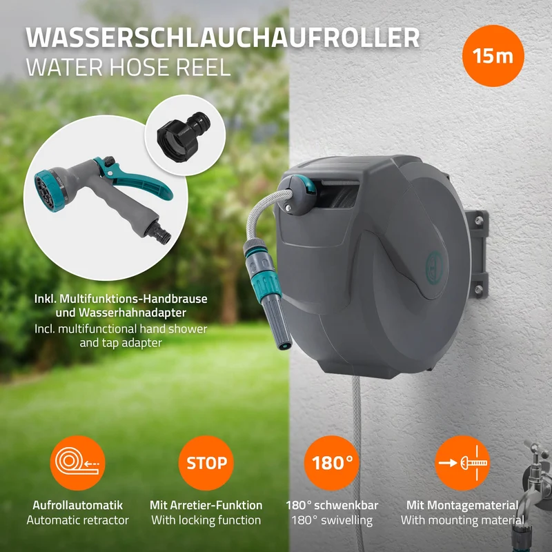 ECD Germany | Schlauchaufroller mit Arretierstop und 9 Sprühfunktionen 180° Schwenkbar, 15/20/30m, Schlauchtrommel Wand-Schlauchbox RollUp
