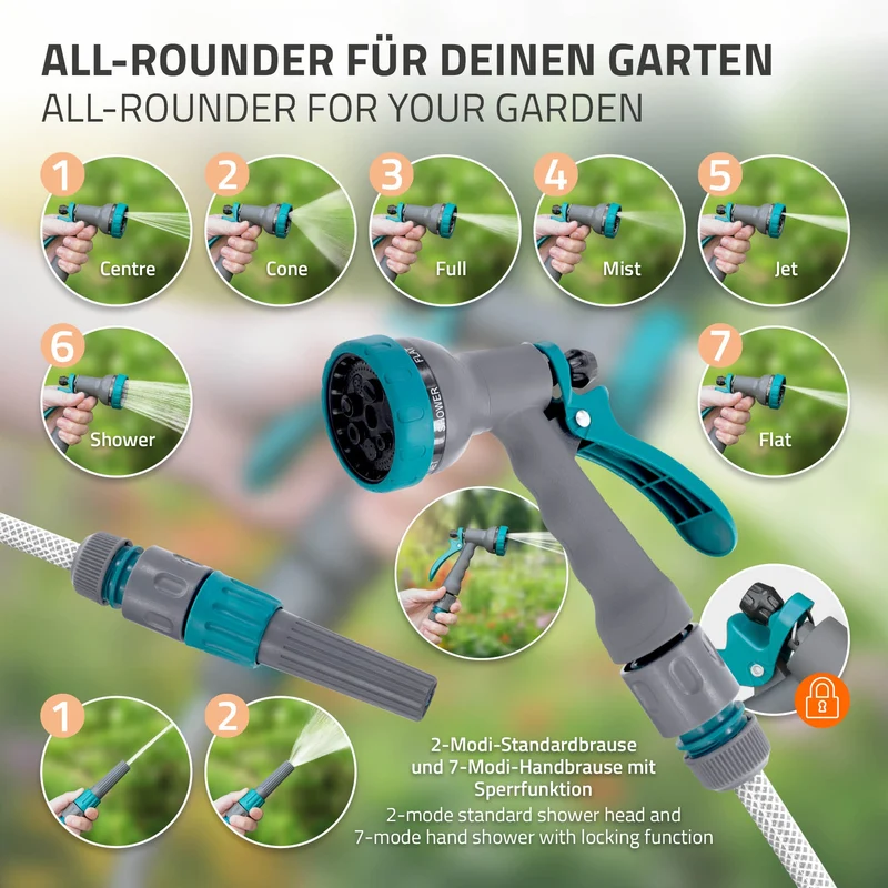 ECD Germany | Schlauchaufroller mit Arretierstop und 9 Sprühfunktionen 180° Schwenkbar, 15/20/30m, Schlauchtrommel Wand-Schlauchbox RollUp