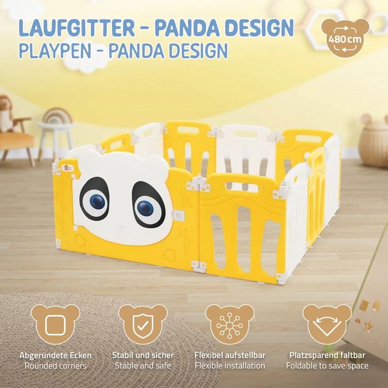Joyz | Laufgitter Baby Laufstall Faltbar, aus HDPE- und PP-Kunststoff, Weiß-Gelb Panda, Krabbelgitter Babyzaun Kinderlaufstall