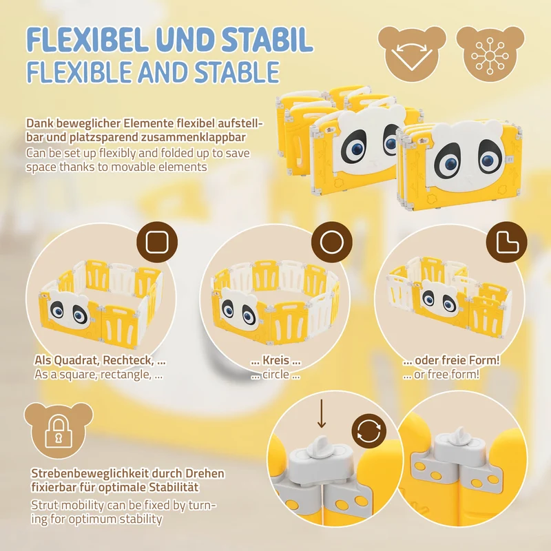 Joyz | Laufgitter Baby Laufstall Faltbar, aus HDPE- und PP-Kunststoff, Weiß-Gelb Panda, Krabbelgitter Babyzaun Kinderlaufstall