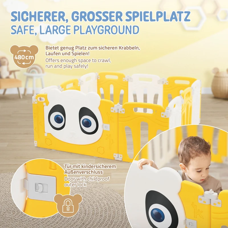 Joyz | Laufgitter Baby Laufstall Faltbar, aus HDPE- und PP-Kunststoff, Weiß-Gelb Panda, Krabbelgitter Babyzaun Kinderlaufstall